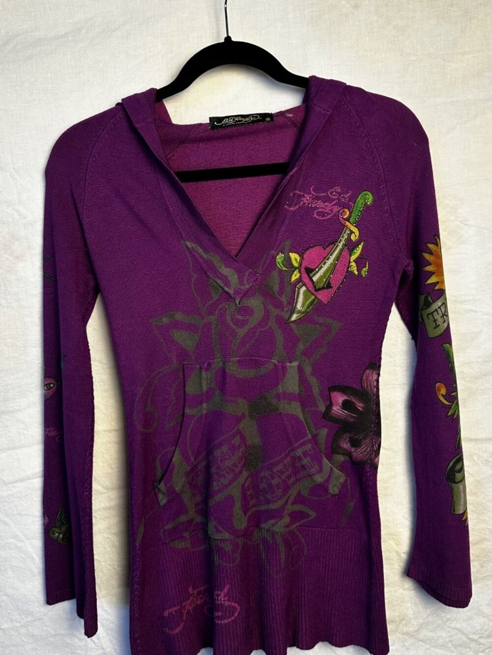 Ed Hardy by Christian Audigier Geisha Rhinestone Hooded Sweater Dress S